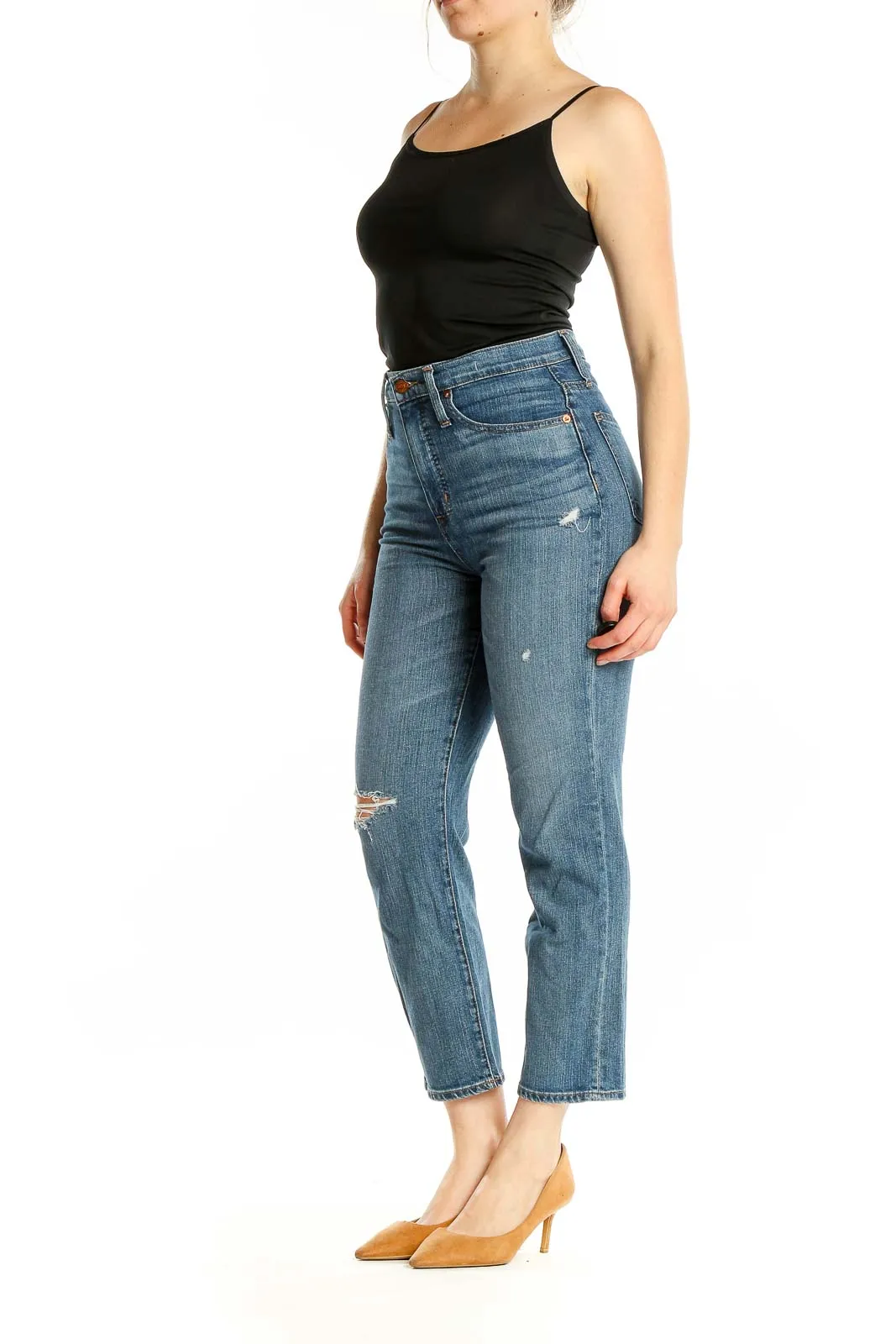 Blue Distressed High-Rise Cropped Jeans