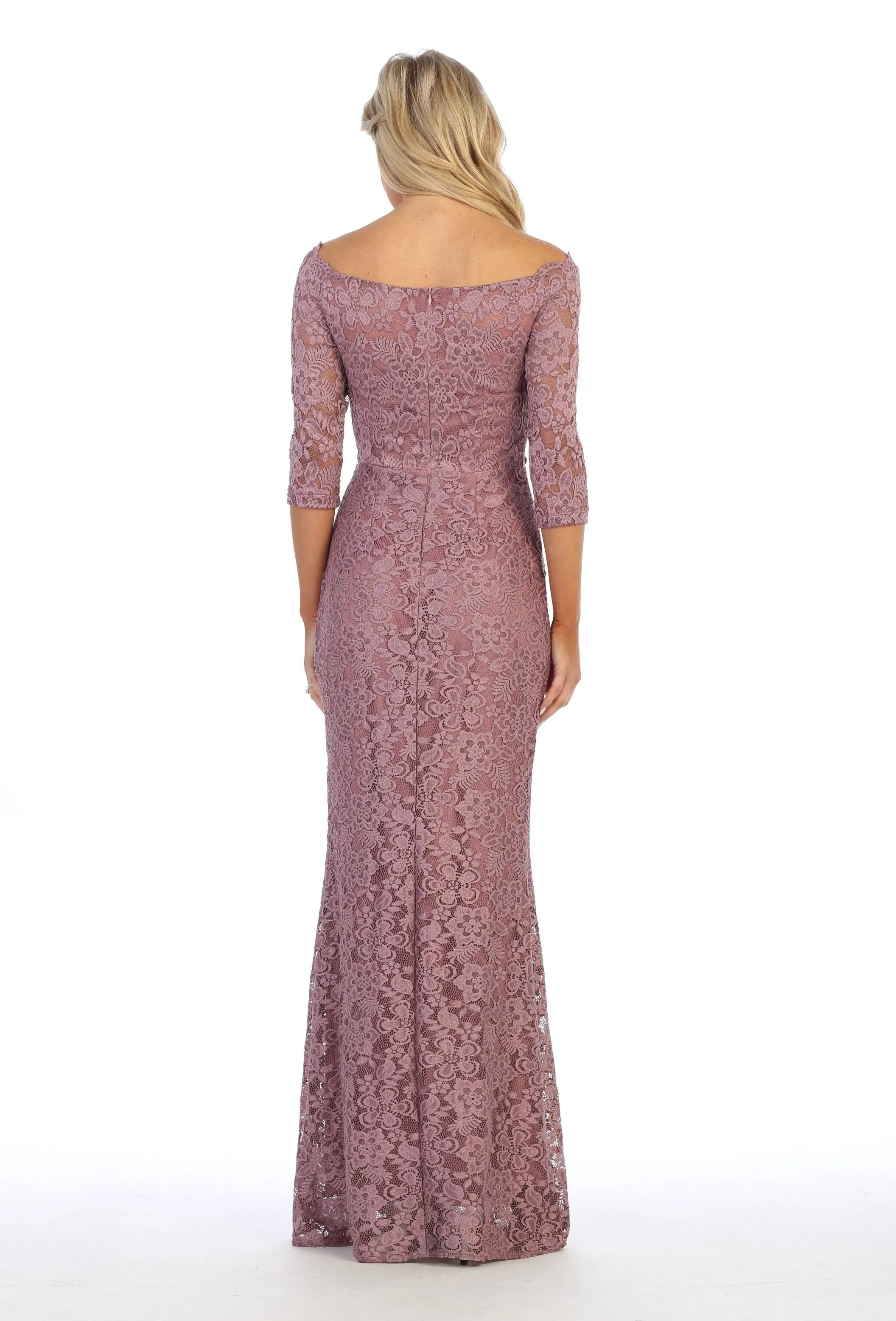 Long Off Shoulder Lace Dress with Beaded Waist by Celavie 6390L